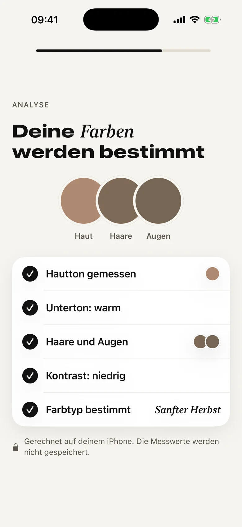 App-Bildschirm „Deine Farben werden bestimmt“: drei gemessene Farbtöne für Haut, Haare und Augen und eine Liste der Schritte.
