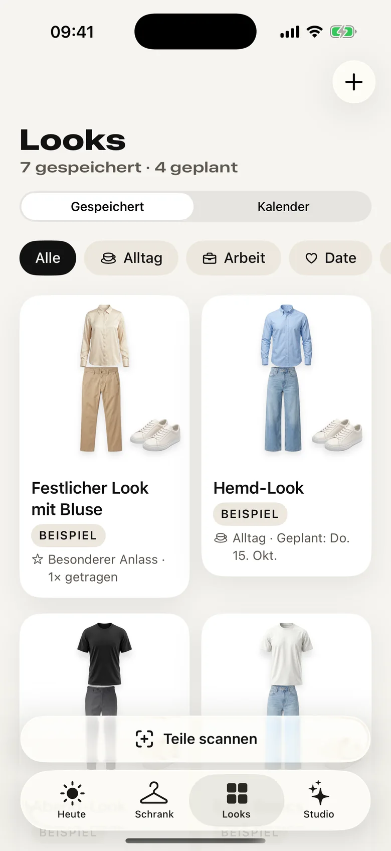 App-Bildschirm „Looks“: 7 gespeichert, 4 geplant, mit Reitern für Gespeichert und Kalender und Outfit-Collagen nach Anlass.