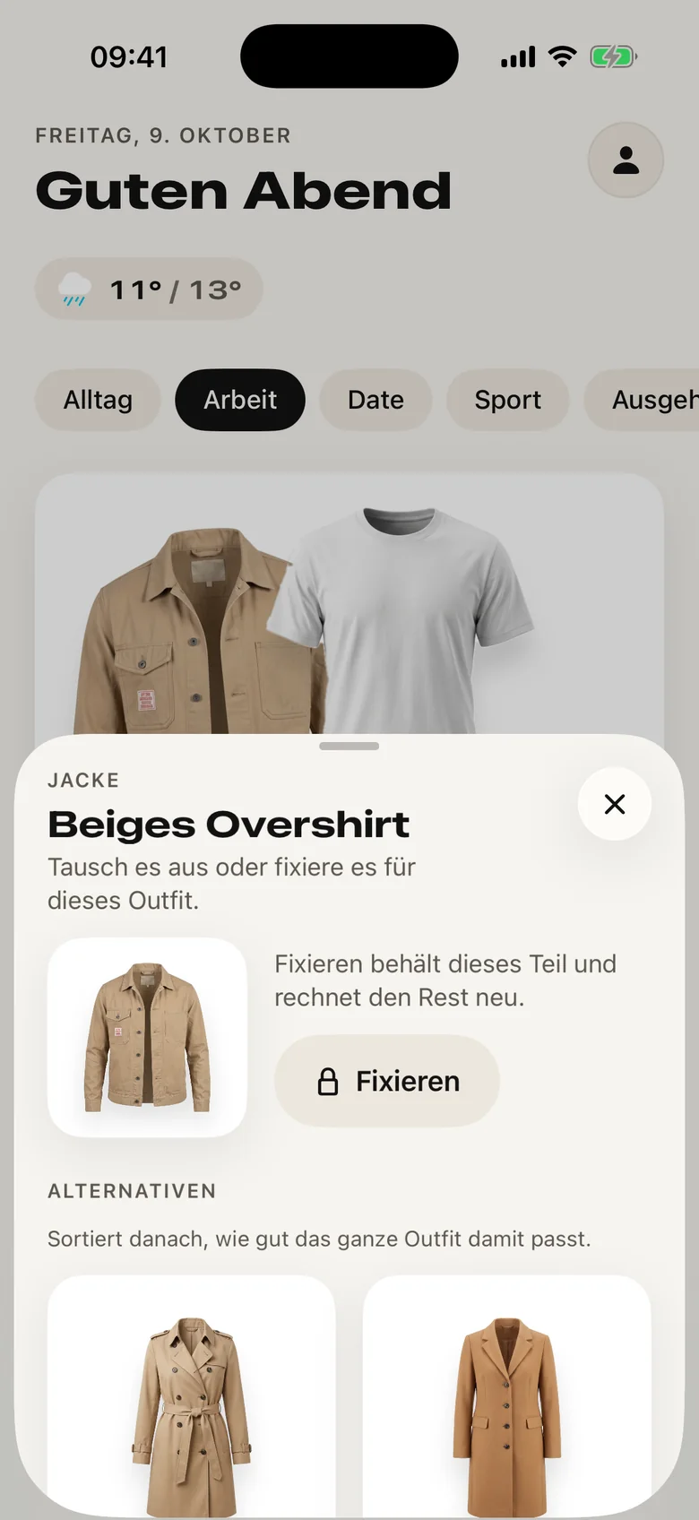 App-Bildschirm zum Tauschen: „Beiges Overshirt – Tausch es aus oder fixiere es für dieses Outfit“, darunter Alternativen aus dem Schrank.