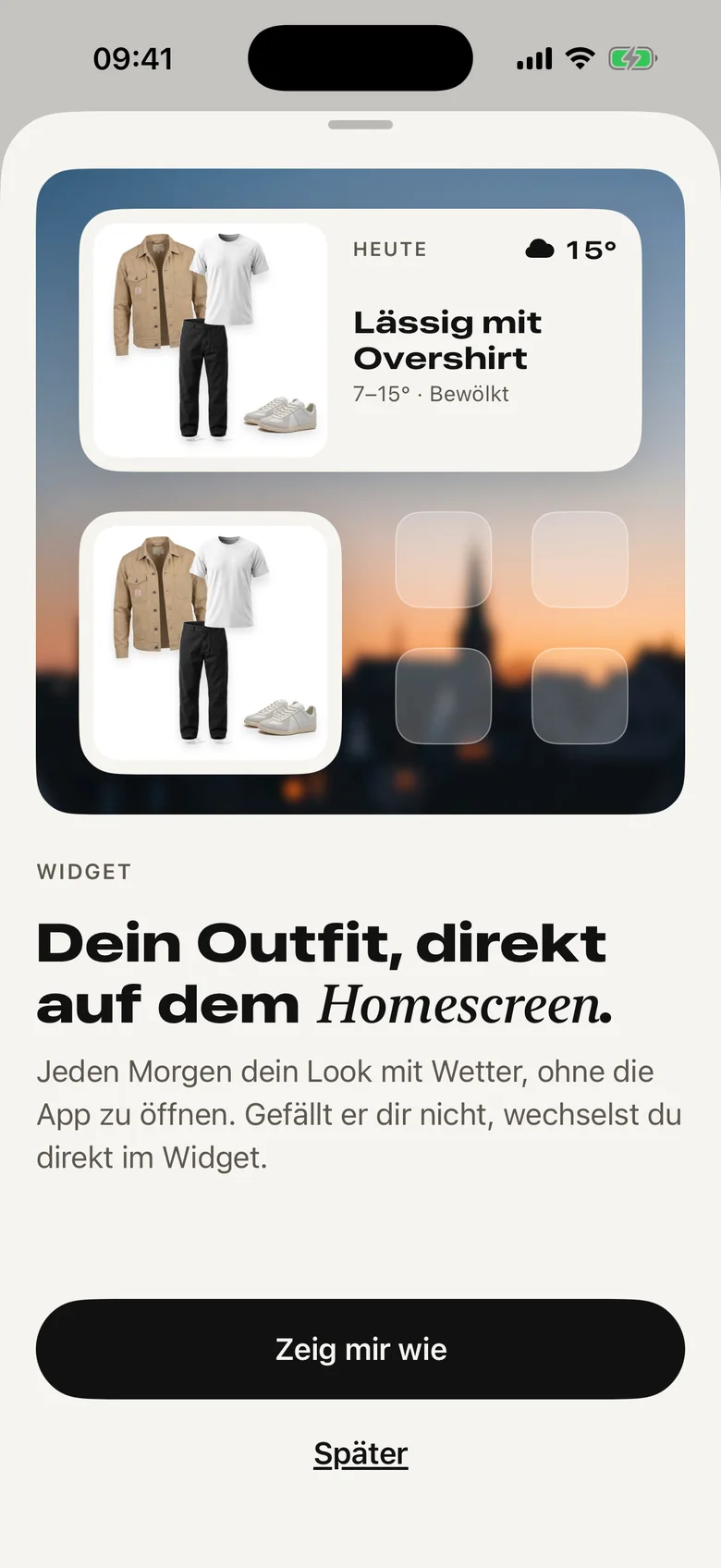 App-Bildschirm zum Widget: ein mittleres und ein kleines Widget mit Outfit-Collage, „Lässig mit Overshirt“, 15 Grad und bewölkt.