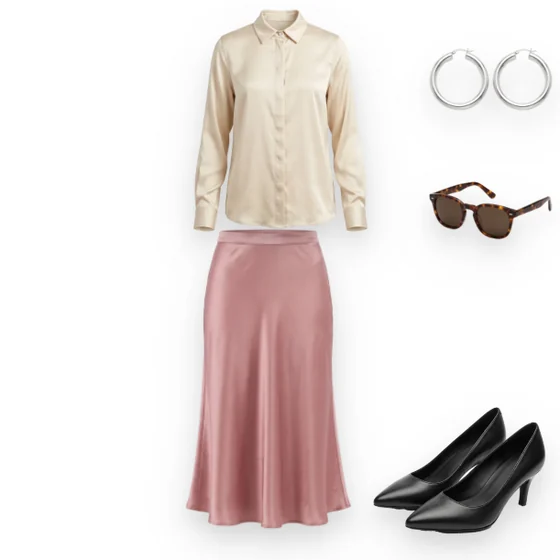 Outfit: ecrufarbene Bluse, altrosafarbener Rock, schwarze Pumps, Sonnenbrille, silberne Kreolen.