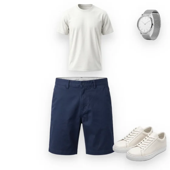 Outfit: weißes T-Shirt, navyblaue Shorts, weiße Sneaker, Uhr.