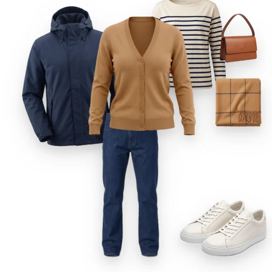 Outfit: navyblaue Regenjacke, camelfarbener Cardigan, gestreiftes Longsleeve, dunkelblaue Jeans, weiße Sneaker, Tasche und Schal.
