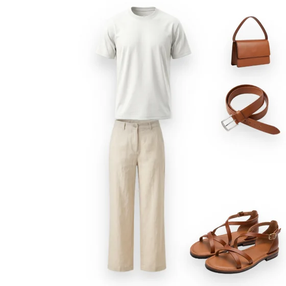 Outfit: weißes T-Shirt, ecrufarbene Hose, cognacfarbene Sandalen, Gürtel und Tasche.